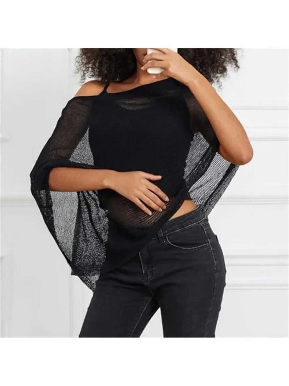 Womens Sheer Poncho Top Y2k Knitted Summer Asymmetrical Mesh Shawl Pullover